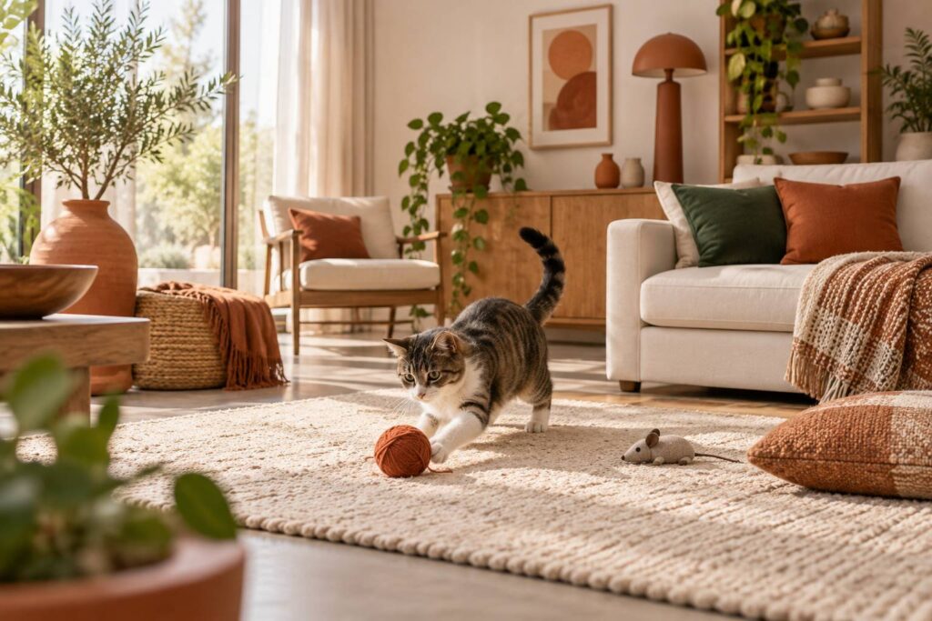 Chat generique jouant avec un jouet sur un tapis clair