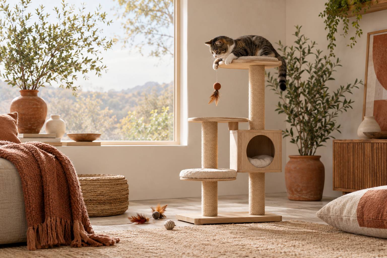 Chat generique pres d'un arbre a chat et de jouets