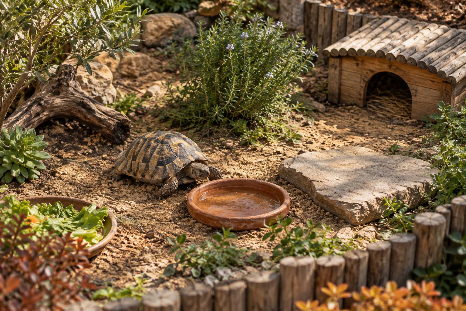 Enclos aménagé pour tortue de terre avec écuelle d'eau et abri en bois