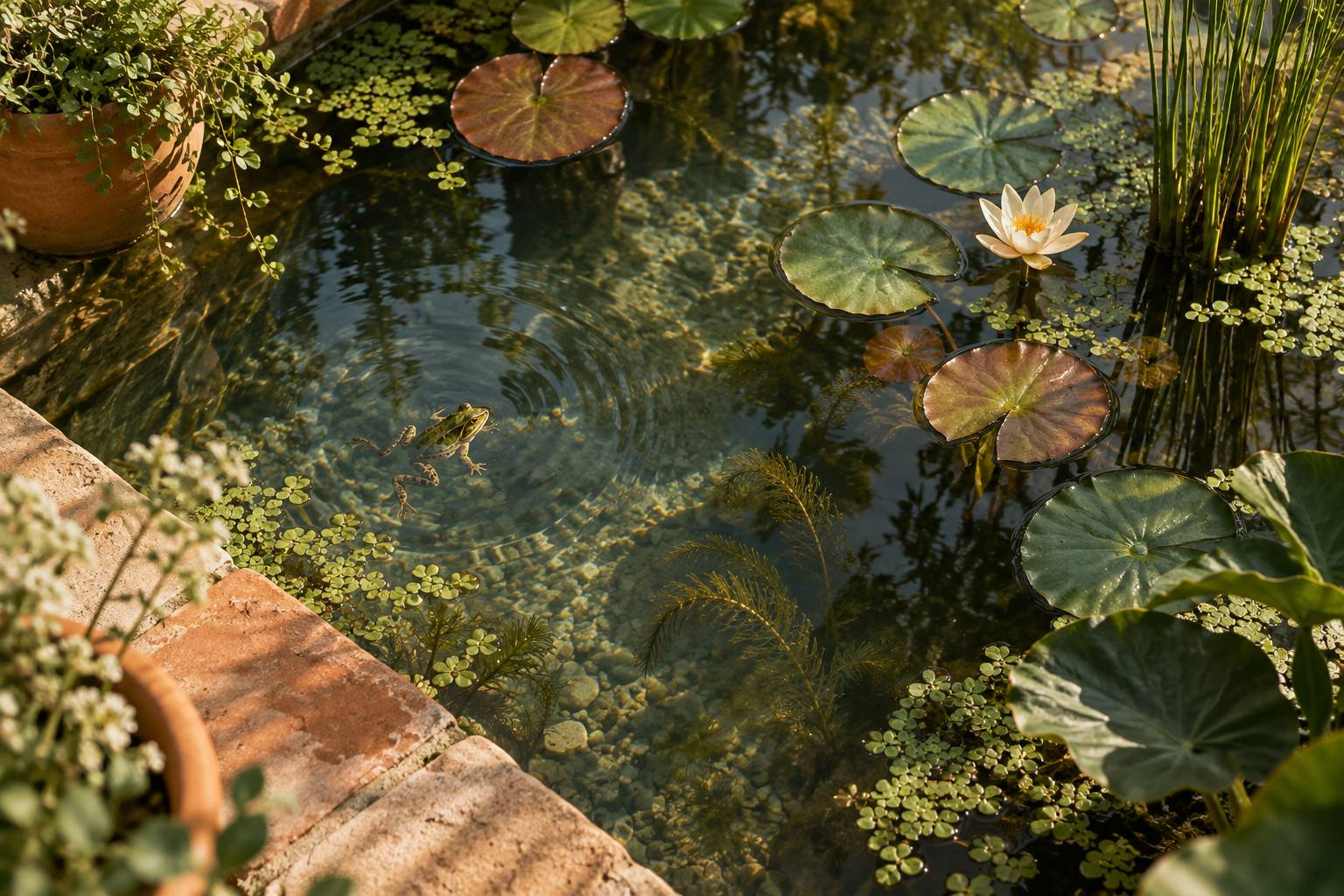 Grenouille dans l'eau claire parmi les plantes aquatiques