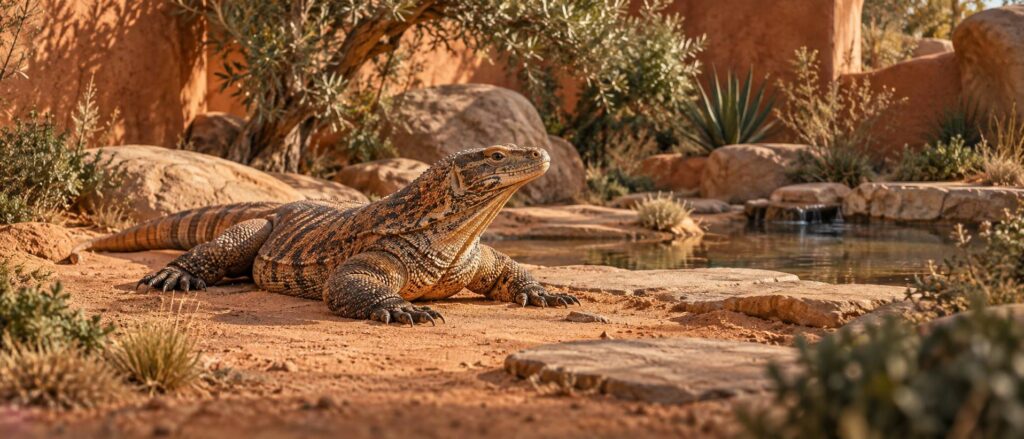 Grand reptile generique dans un enclos naturel de sable et pierres