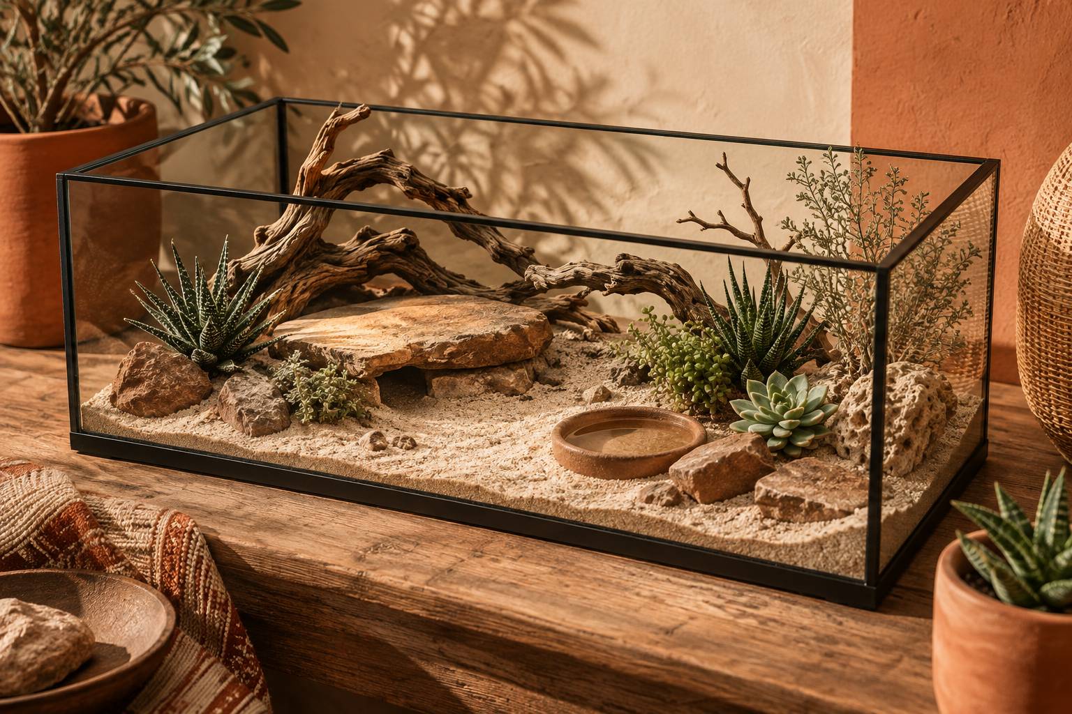 Terrarium naturel avec substrat de sable, branches et coupelle d'eau