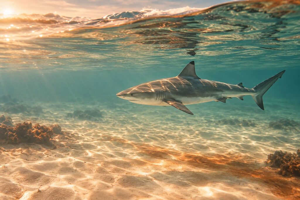 Requin gris generique nageant pres de la surface en eau claire