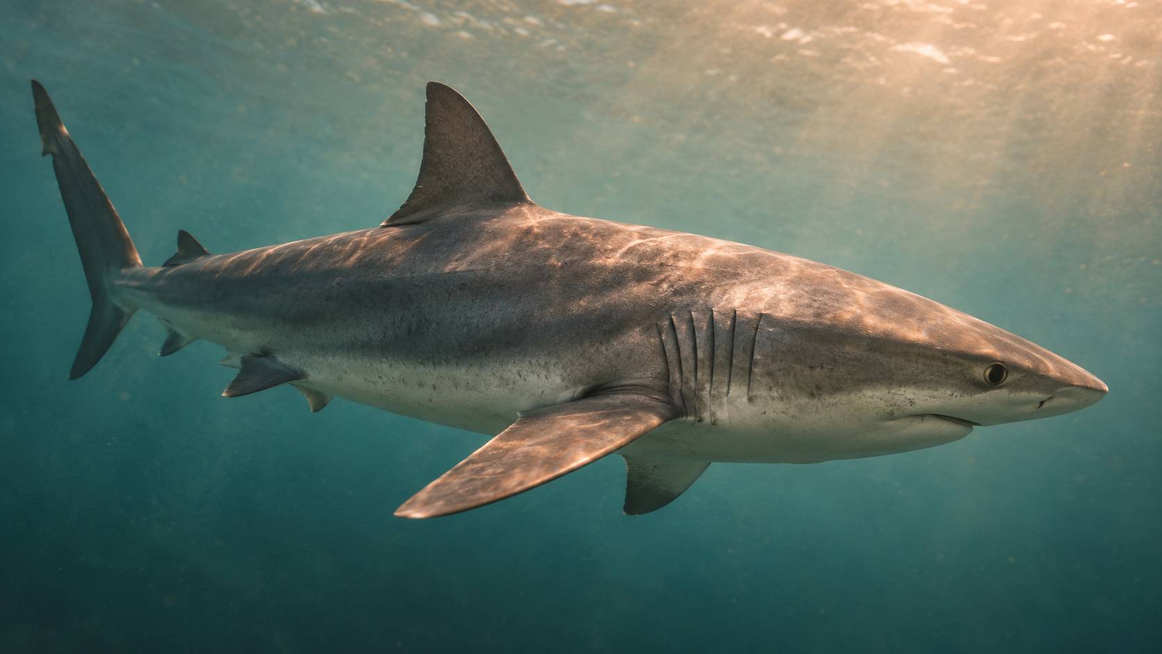 Requin gris vu de profil avec premiere nageoire dorsale haute