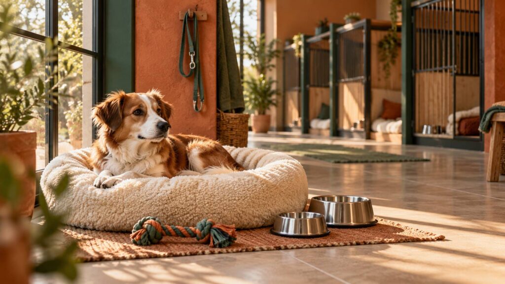 Espace d'accueil pour chien avec panier, gamelles et laisse suspendue