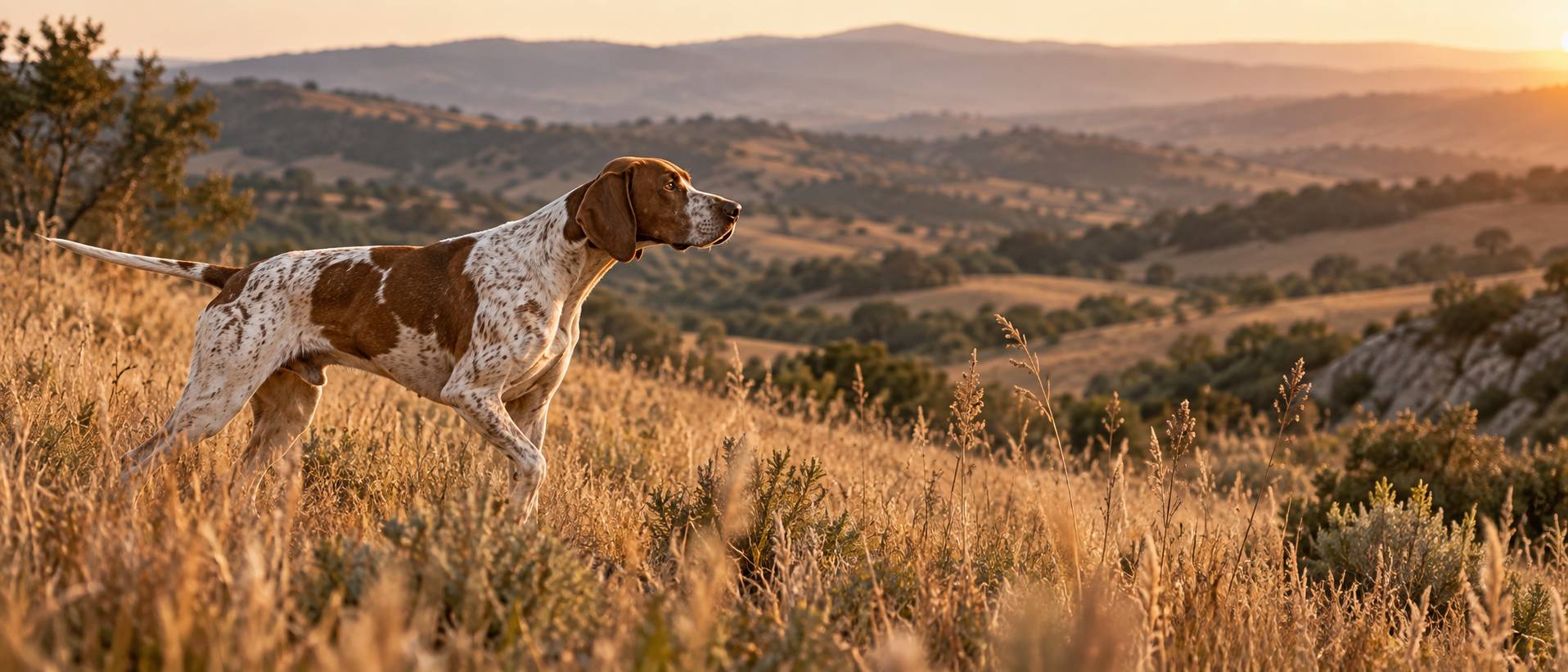Chien d'arret a poil ras en arret dans les hautes herbes